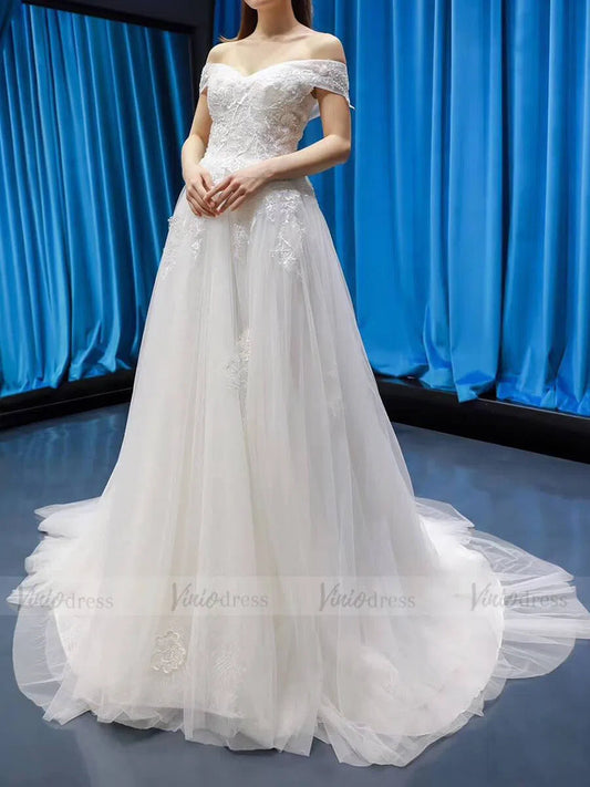 Off the Shoulder Beach Wedding Dresses with Beaded Bodice VW1062-wedding dresses 2025 -Viniodress-Ivory-Custom Size-