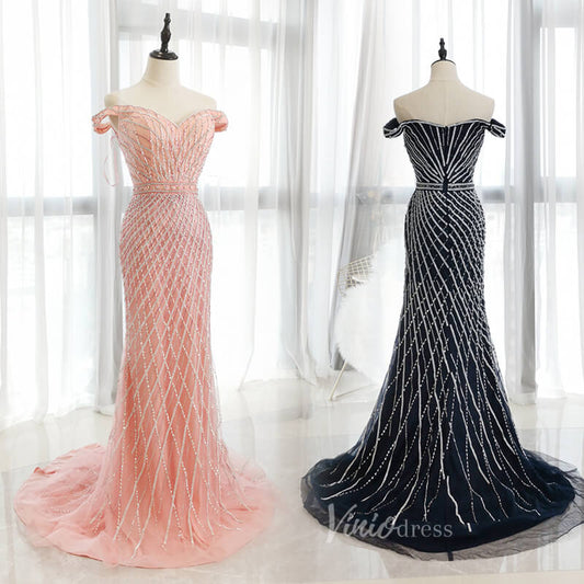 Off the Shoulder Beaded Prom Dresses Sheath Evening Dress FD2673-Evening Dresses 2025 -Viniodress-Pink-US 2-