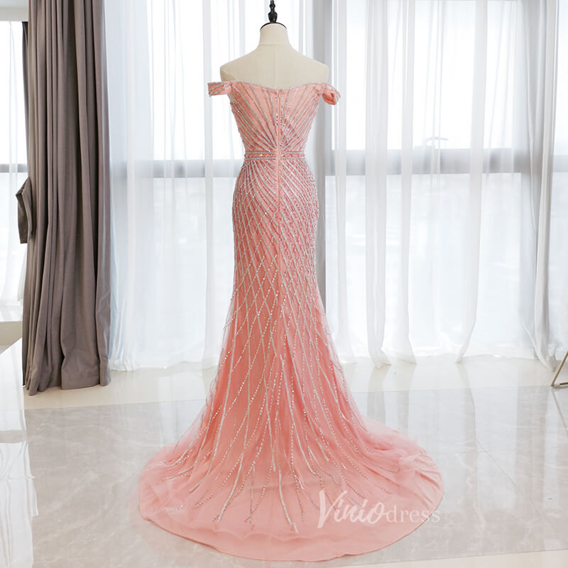 Prom Dress 2025 Off the Shoulder Beaded Prom Dresses Sheath Evening Dress FD2673-unique prom dresses-Pink-US 2-Viniodress