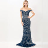 Prom Dress 2025 Off the Shoulder Beaded Prom Dresses Sheath Evening Dress FD2673-unique prom dresses-Navy Blue-US 2-Viniodress