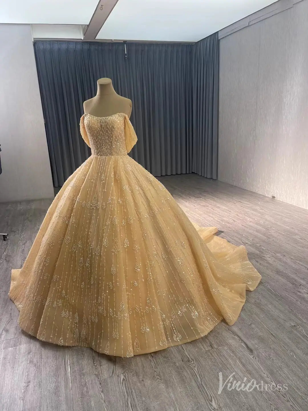 Off the Shoulder Beaded Wedding Dresses Luxury Ball Gown Quinceanera Dress 241052-wedding dresses 2025 -Viniodress-Ivory-Custom Size-