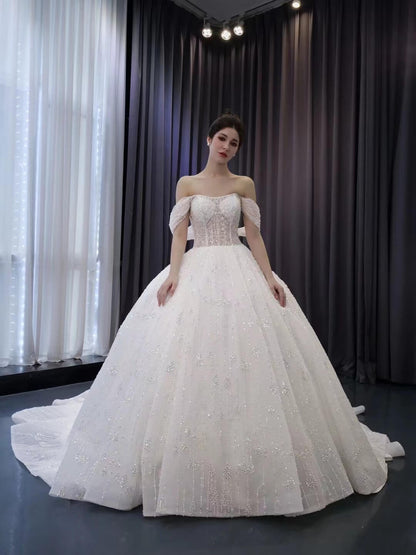Off the Shoulder Beaded Wedding Dresses Luxury Ball Gown Quinceanera Dress 241052-wedding dresses 2025 -Viniodress-Ivory-Custom Size-