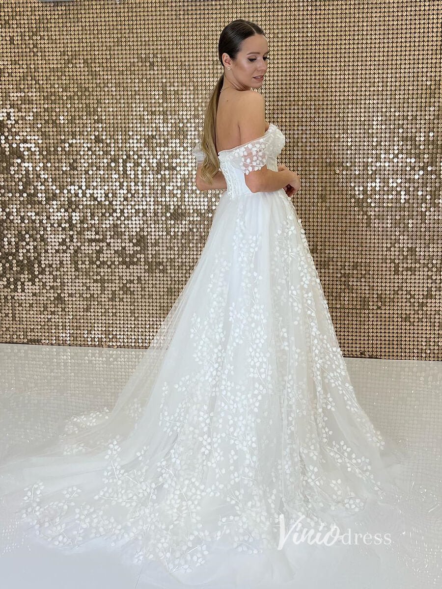 Off the Shoulder Bell Orchid Lace Wedding Dresses VW2113-wedding dresses 2025 -Viniodress-Ivory-Custom Size-