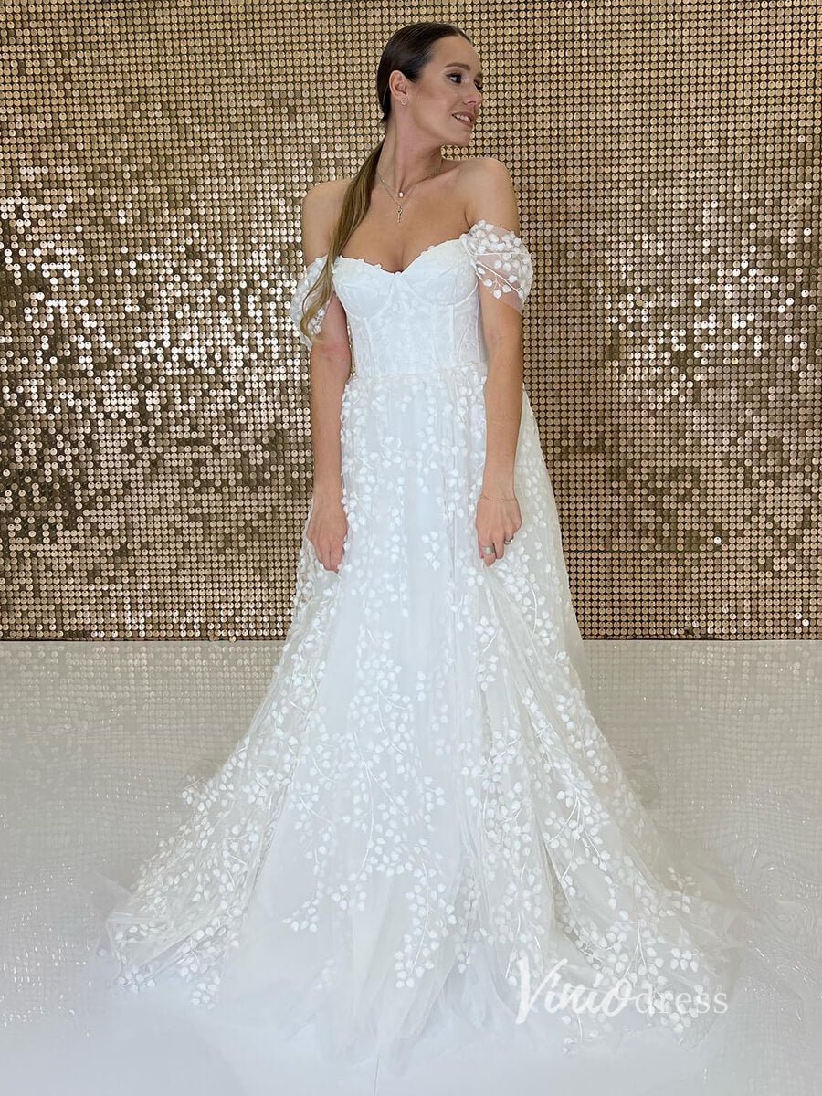 Off the Shoulder Bell Orchid Lace Wedding Dresses VW2113-wedding dresses 2025 -Viniodress-Ivory-Custom Size-