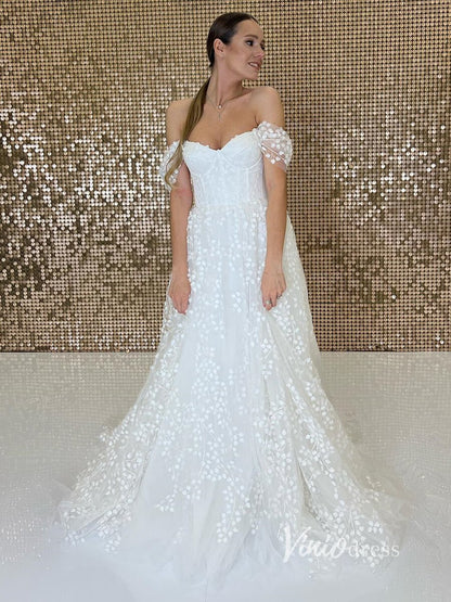 Off the Shoulder Bell Orchid Lace Wedding Dresses VW2113-wedding dresses 2025 -Viniodress-Ivory-Custom Size-