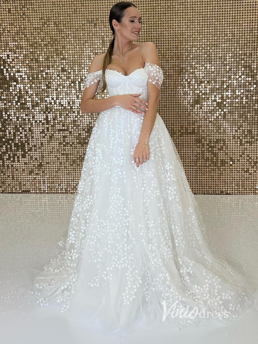 Off the Shoulder Bell Orchid Lace Wedding Dresses VW2113-wedding dresses 2025 -Viniodress-Ivory-Custom Size-