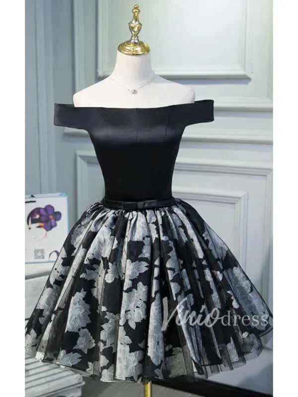 Off the Shoulder Black Floral Homecoming Dresses SD1012-Homecoming Dresses 2025 -Viniodress-Black-Custom Size-