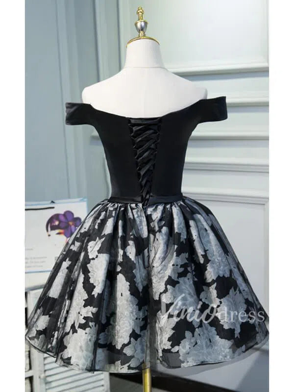 Off the Shoulder Black Floral Homecoming Dresses SD1012-Homecoming Dresses 2025 -Viniodress-Black-Custom Size-
