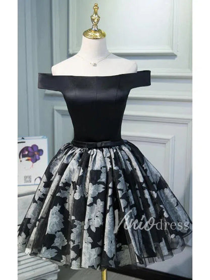 Off the Shoulder Black Floral Homecoming Dresses SD1012-Homecoming Dresses 2025 -Viniodress-Black-Custom Size-