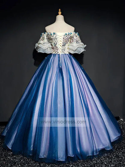 Off the Shoulder Blue Prom Dresses Floral Quinceanera Dress FD1040-prom dresses 2025 -Viniodress-As Picture-Custom Size-