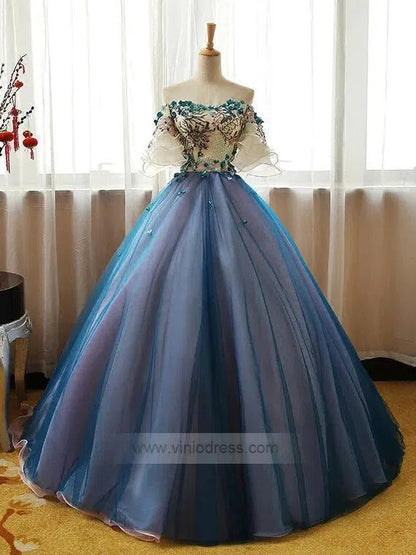 Off the Shoulder Blue Prom Dresses Floral Quinceanera Dress FD1040-prom dresses 2025 -Viniodress-As Picture-Custom Size-
