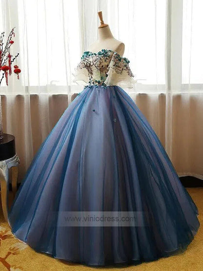 Off the Shoulder Blue Prom Dresses Floral Quinceanera Dress FD1040-prom dresses 2025 -Viniodress-As Picture-Custom Size-