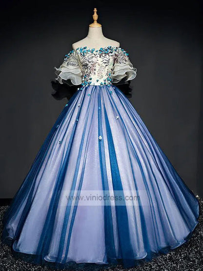 Off the Shoulder Blue Prom Dresses Floral Quinceanera Dress FD1040-prom dresses 2025 -Viniodress-As Picture-Custom Size-