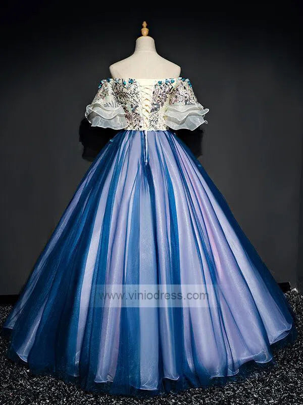 Off the Shoulder Blue Prom Dresses Floral Quinceanera Dress FD1040-prom dresses-Viniodress-Viniodress