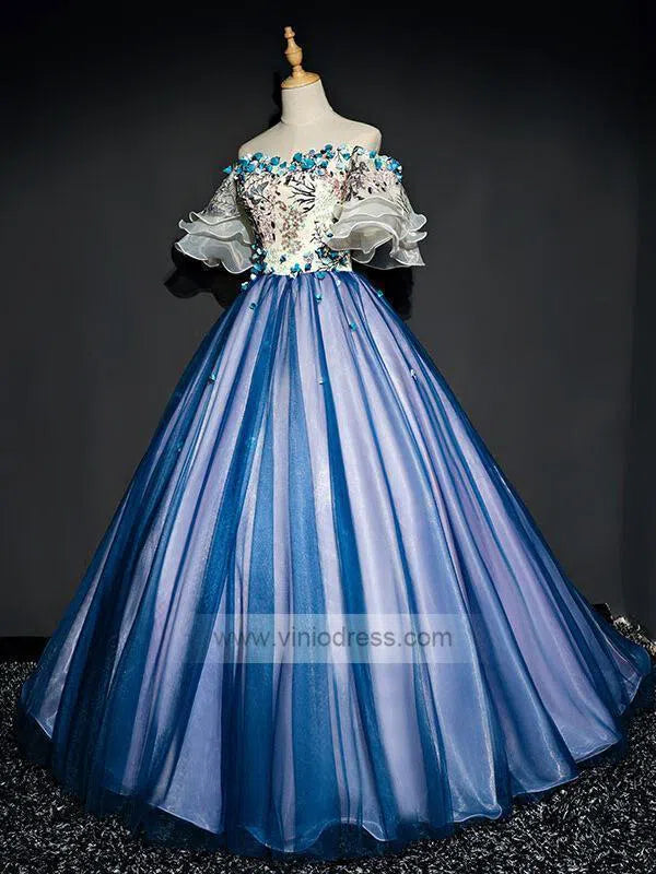 Off the Shoulder Blue Prom Dresses Floral Quinceanera Dress FD1040-prom dresses-Viniodress-Viniodress