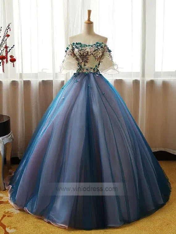 Off the Shoulder Blue Prom Dresses Floral Quinceanera Dress FD1040-prom dresses-Viniodress-Viniodress