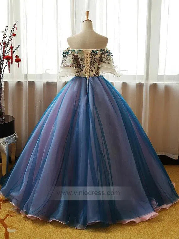 Off the Shoulder Blue Prom Dresses Floral Quinceanera Dress FD1040-prom dresses-Viniodress-Viniodress