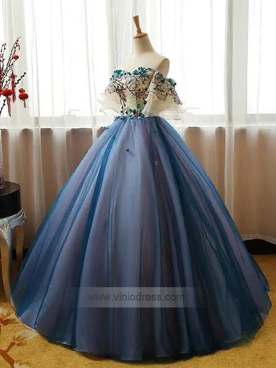 Off the Shoulder Blue Prom Dresses Floral Quinceanera Dress FD1040-prom dresses-Viniodress-Viniodress