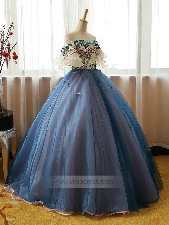 Off the Shoulder Blue Prom Dresses Floral Quinceanera Dress FD1040-prom dresses-Viniodress-Viniodress