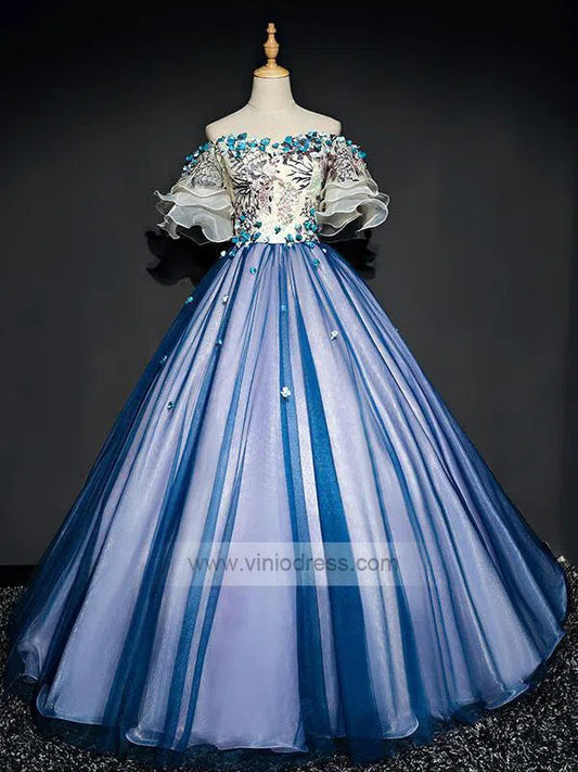 Prom Dress 2025 Off the Shoulder Blue Prom Dresses Floral Quinceanera Dress FD1040-unique prom dresses-As Picture-Custom Size-Viniodress