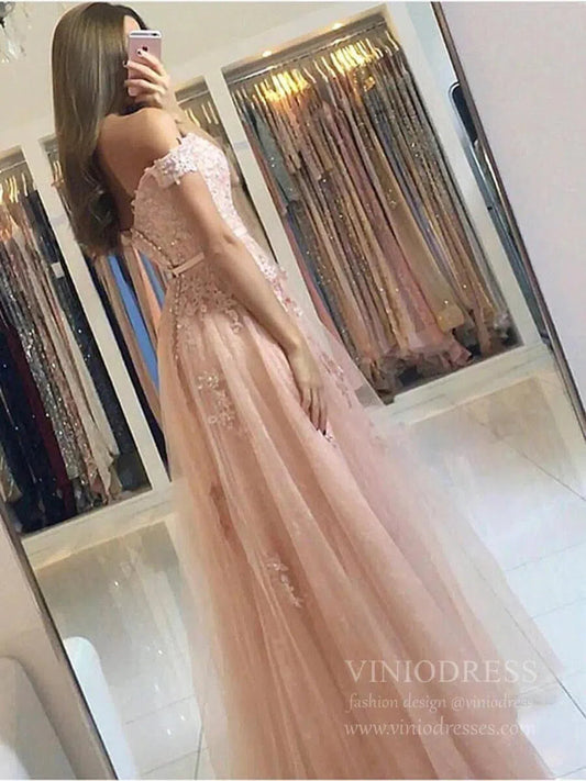 Off the Shoulder Blush Pink Prom Dresses Lace Bridesmaid Dress FD1705-prom dresses 2025 -Viniodress-Blush Pink-Custom Size-