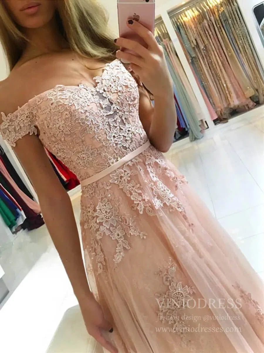 Prom Dress 2025 Off the Shoulder Blush Pink Prom Dresses Lace Bridesmaid Dress FD1705-unique prom dresses-Blush Pink-Custom Size-Viniodress