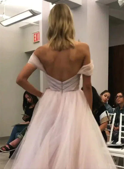 Off the Shoulder Blush Wedding Dresses with Full Tulle Skirt VW1417-wedding dresses 2025 -Viniodress-Blush Pink-Custom Size-