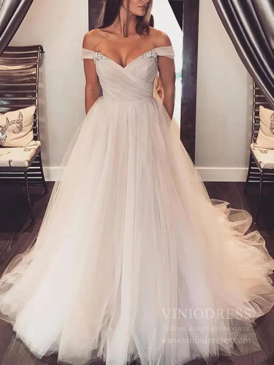 Off the Shoulder Blush Wedding Dresses with Full Tulle Skirt VW1417-wedding dresses-Viniodress-Viniodress