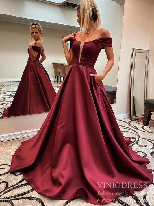 Off the Shoulder Burgundy Satin Prom Dresses with Pockets FD2073-prom dresses 2025 -Viniodress-Burgundy-Custom Size-