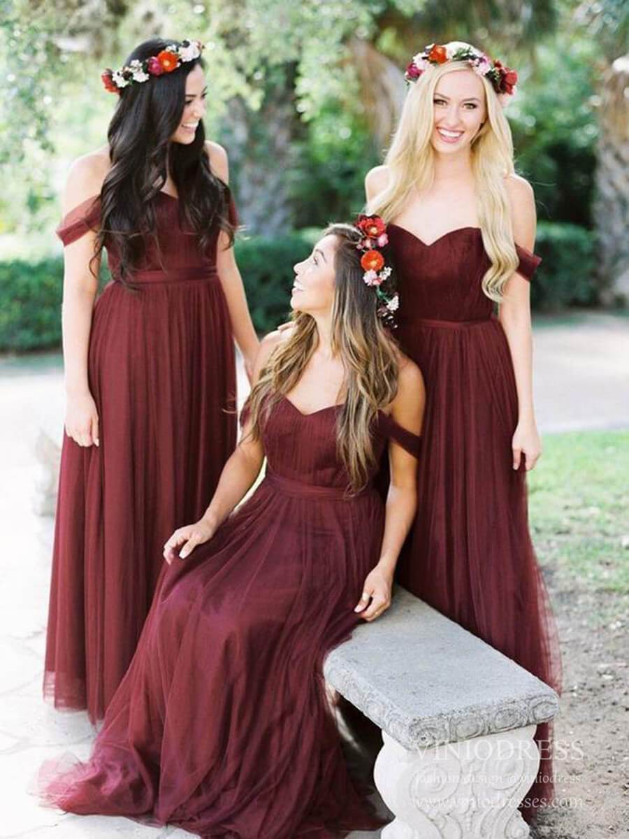 Off the Shoulder Burgundy Tulle Bridesmaid Dresses Plus Size VB1039-bridesmaid dresses 2025 -Viniodress-Burgundy-Custom Size-