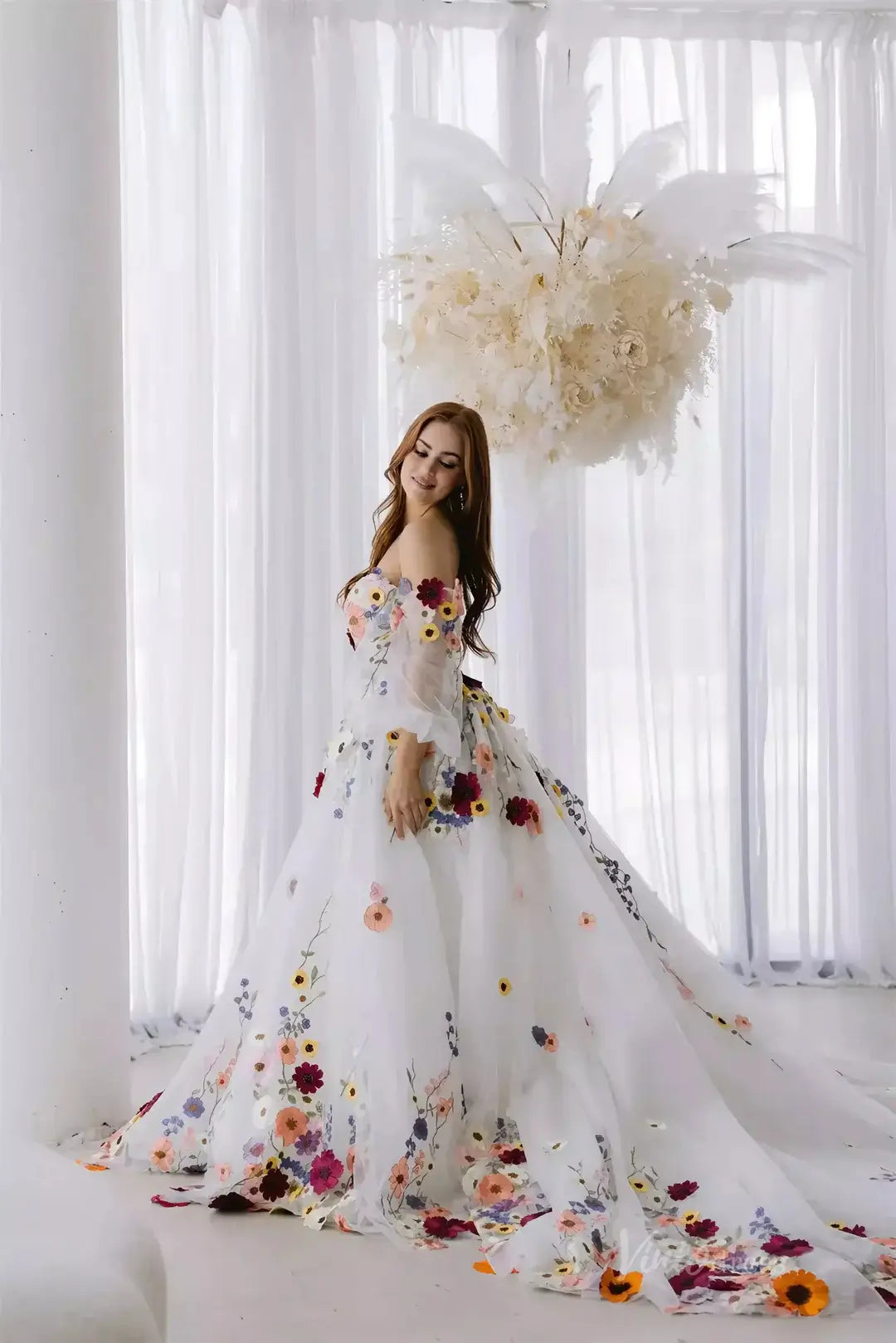 Off-the-Shoulder Colorful Floral Wedding Dress | Ball Gown with Detachable Puff Sleeves FW163-wedding dresses 2025 -Viniodress-Ivory-Custom Size-