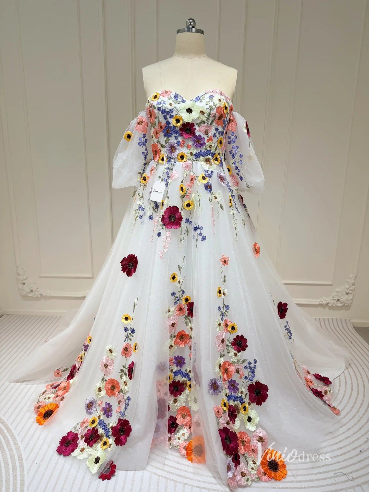 Off-the-Shoulder Colorful Floral Wedding Dress | Ball Gown with Detachable Puff Sleeves FW163-wedding dresses 2025 -Viniodress-Ivory-Custom Size-