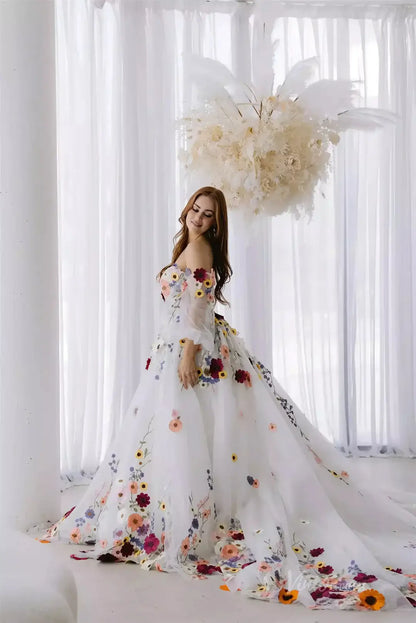 Off-the-Shoulder Colorful Floral Wedding Dress | Ball Gown with Detachable Puff Sleeves FW163-wedding dresses 2025 -Viniodress-Ivory-Custom Size-