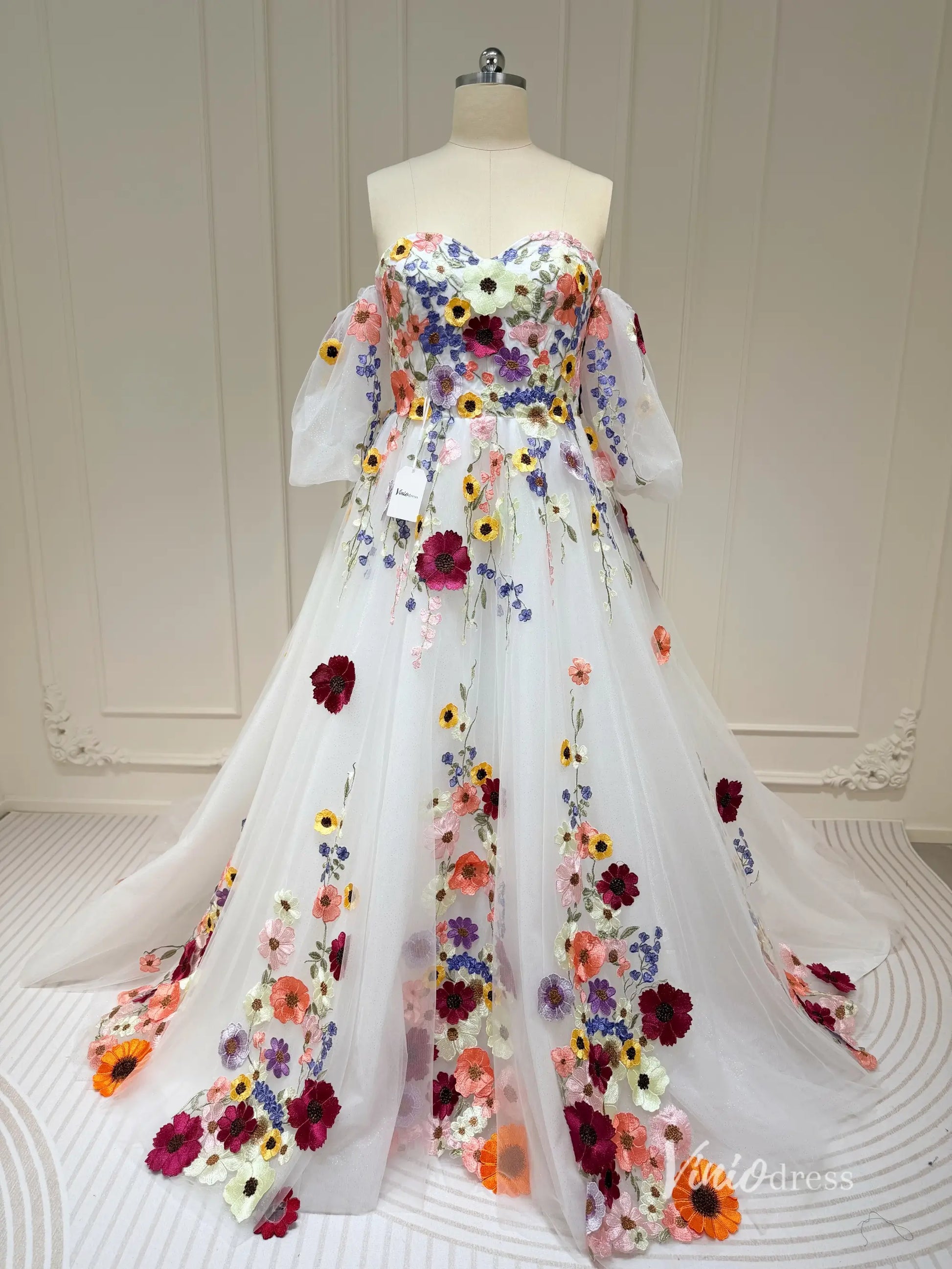 Off-the-Shoulder Colorful Floral Wedding Dress | Ball Gown with Detachable Puff Sleeves FW163-wedding dresses 2025 -Viniodress-Ivory-Custom Size-