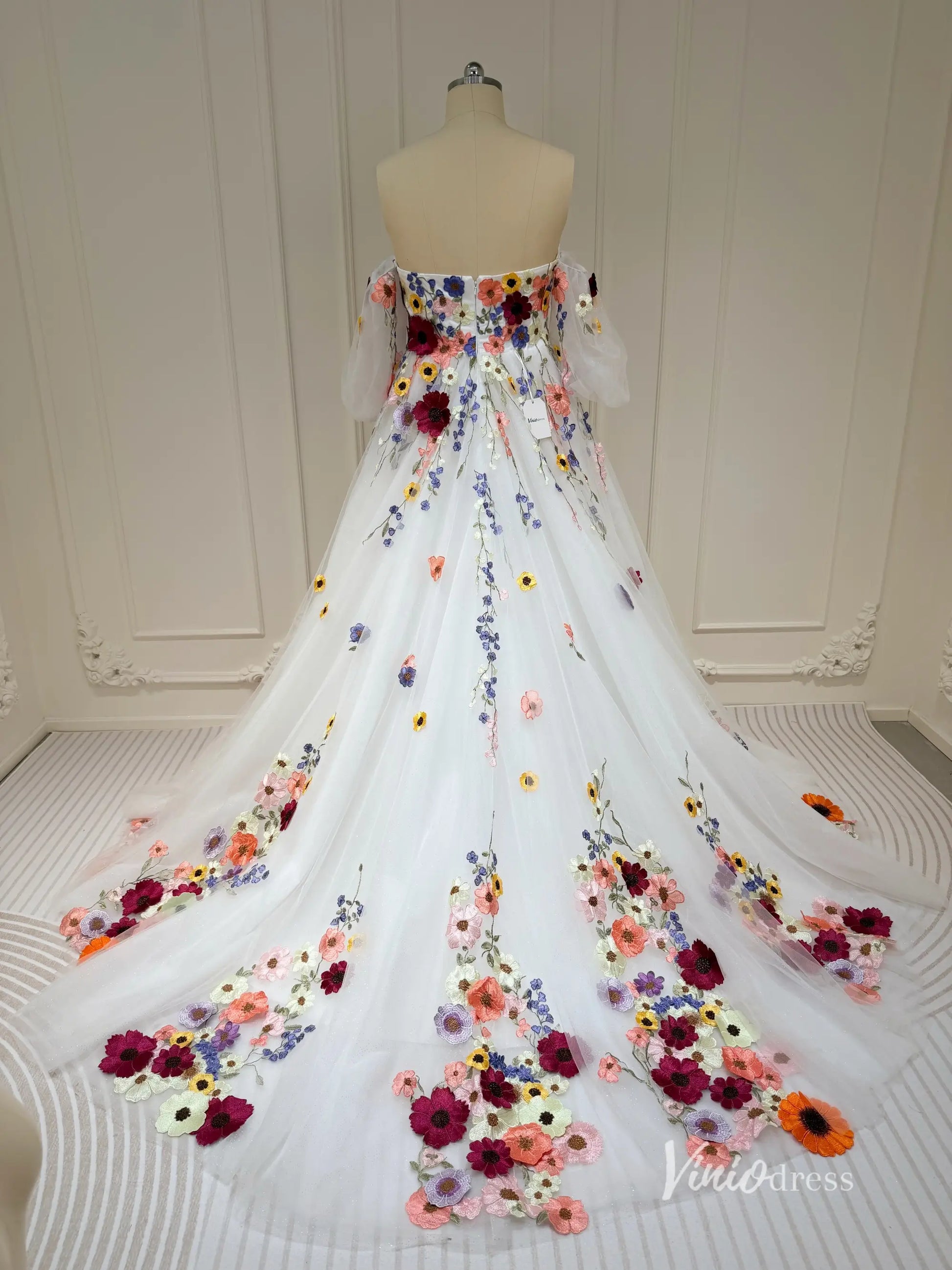 Off-the-Shoulder Colorful Floral Wedding Dress | Ball Gown with Detachable Puff Sleeves FW163-wedding dresses 2025 -Viniodress-Ivory-Custom Size-