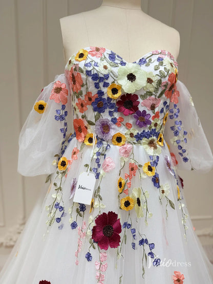 Off-the-Shoulder Colorful Floral Wedding Dress | Ball Gown with Detachable Puff Sleeves FW163-wedding dresses 2025 -Viniodress-Ivory-Custom Size-