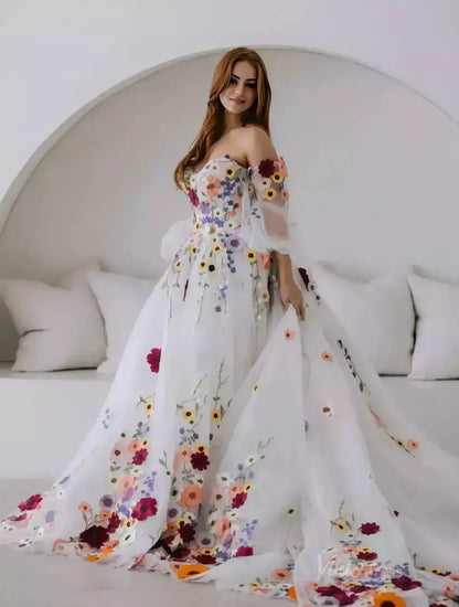 Off-the-Shoulder Colorful Floral Wedding Dress | Ball Gown with Detachable Puff Sleeves FW163-wedding dresses 2025 -Viniodress-Ivory-Custom Size-