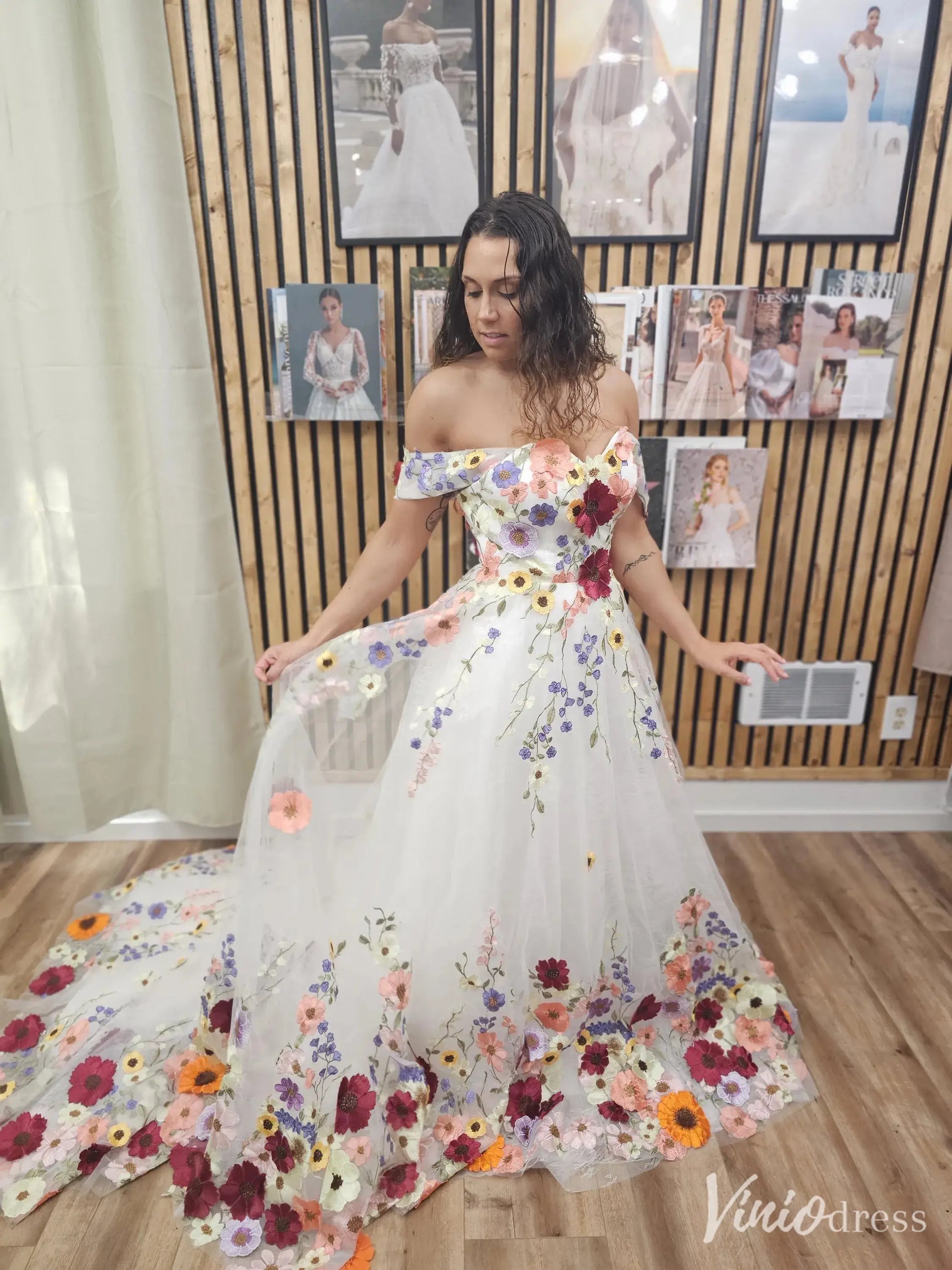 Off the Shoulder Colorful Floral Wedding Dresses with Detachable Puff Sleeves FW165-wedding dresses 2025 -Viniodress-Ivory-Custom Size-