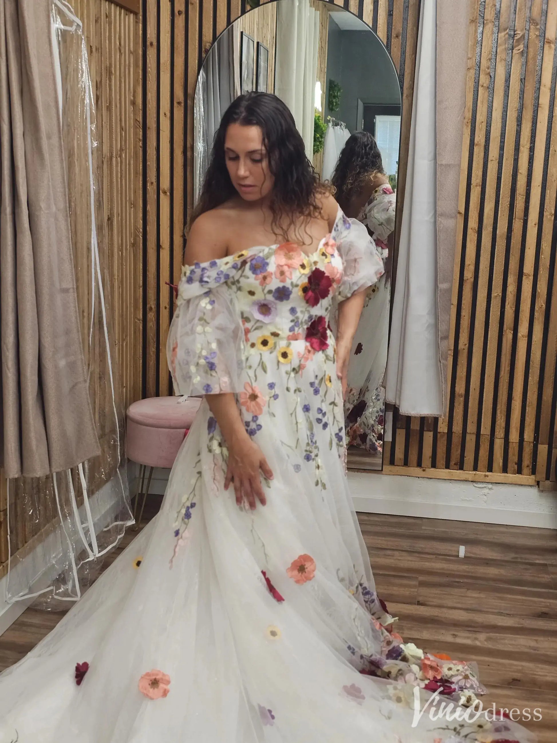 Off the Shoulder Colorful Floral Wedding Dresses with Detachable Puff Sleeves FW165-wedding dresses 2025 -Viniodress-Ivory-Custom Size-