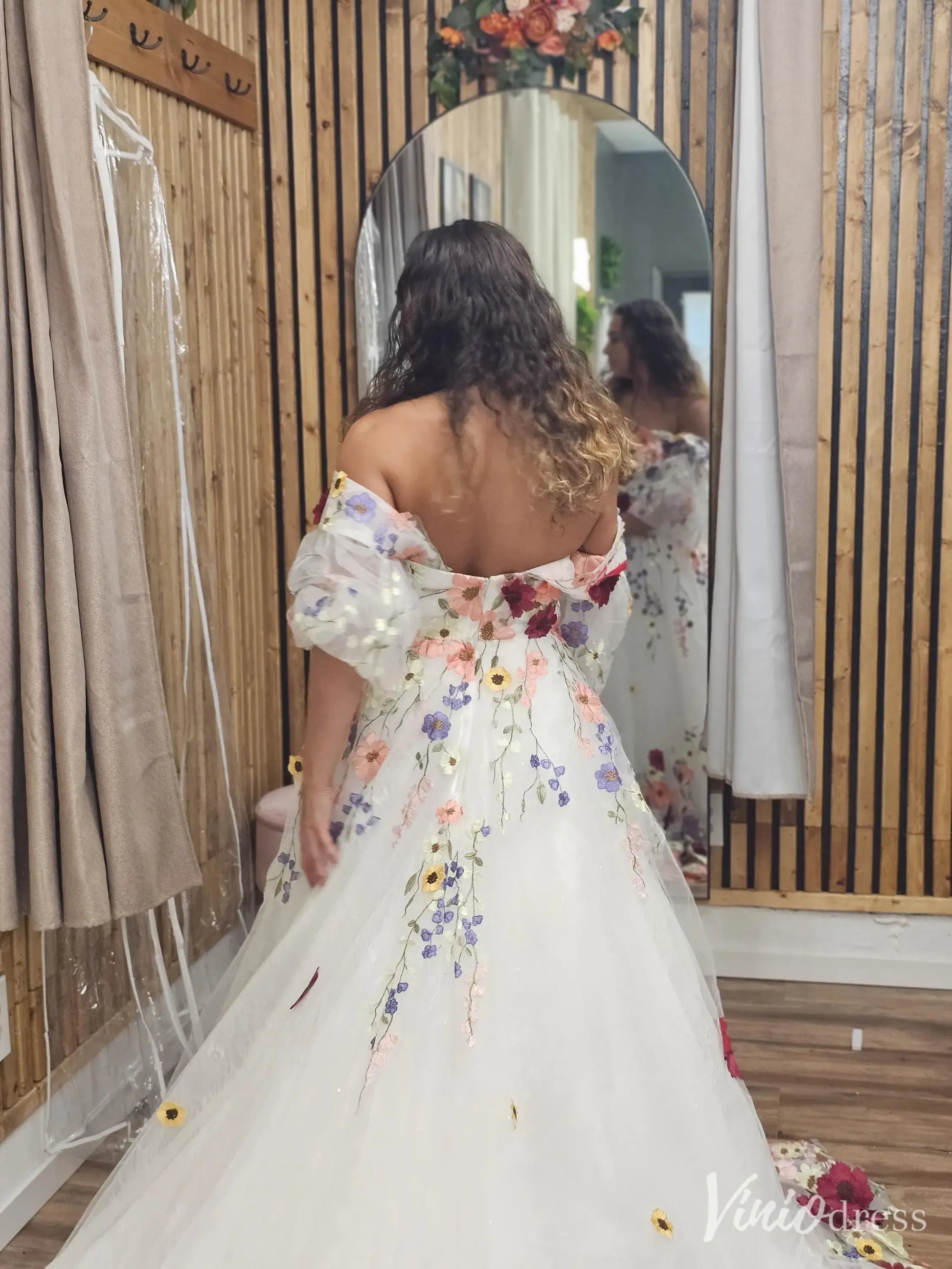 Off the Shoulder Colorful Floral Wedding Dresses with Detachable Puff Sleeves FW165-wedding dresses 2025 -Viniodress-Ivory-Custom Size-