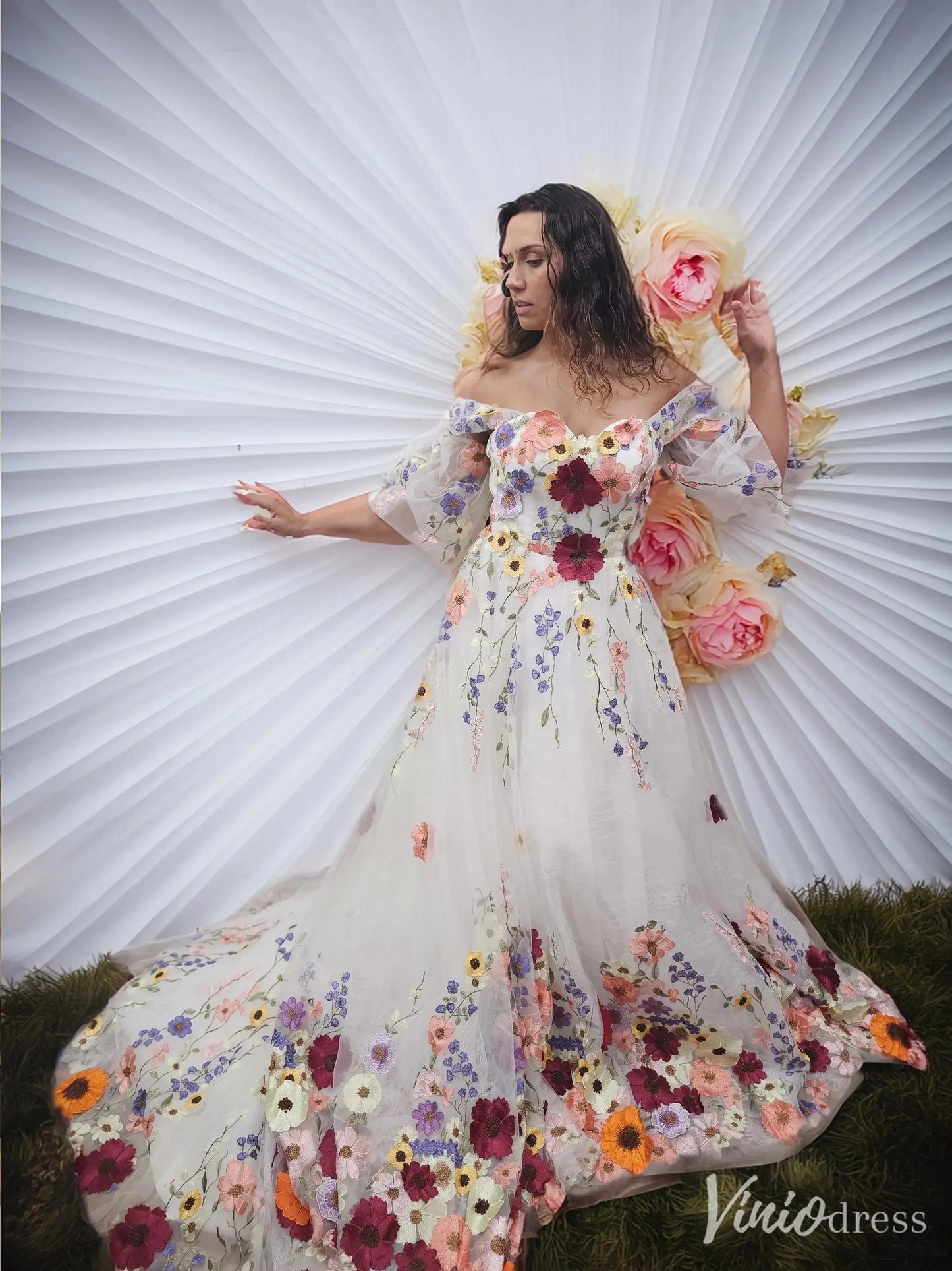 Off the Shoulder Colorful Floral Wedding Dresses with Detachable Puff Sleeves FW165-wedding dresses 2025 -Viniodress-Ivory-Custom Size-