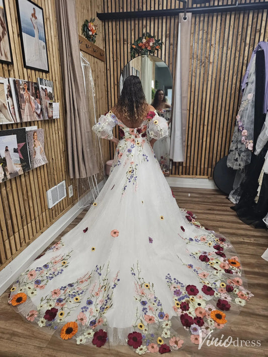 Off the Shoulder Colorful Floral Wedding Dresses with Detachable Puff Sleeves FW165-wedding dresses 2025 -Viniodress-Ivory-Custom Size-
