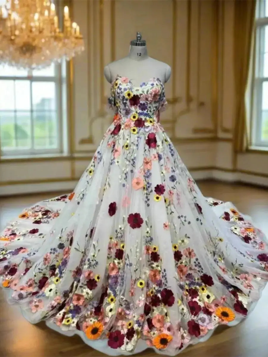 Off-the-Shoulder Colorful Wedding Dress | Sweetheart Neck A-Line Gown with Removable Bishop Sleeves FW237-wedding dresses 2025 -Viniodress-Ivory-Custom Size-