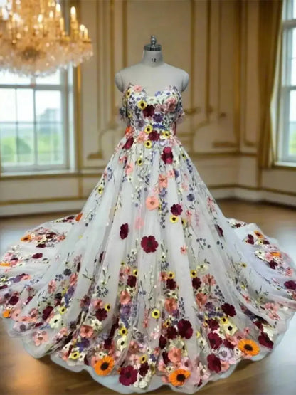 Off-the-Shoulder Colorful Wedding Dress | Sweetheart Neck A-Line Gown with Removable Bishop Sleeves FW237-wedding dresses 2025 -Viniodress-Ivory-Custom Size-