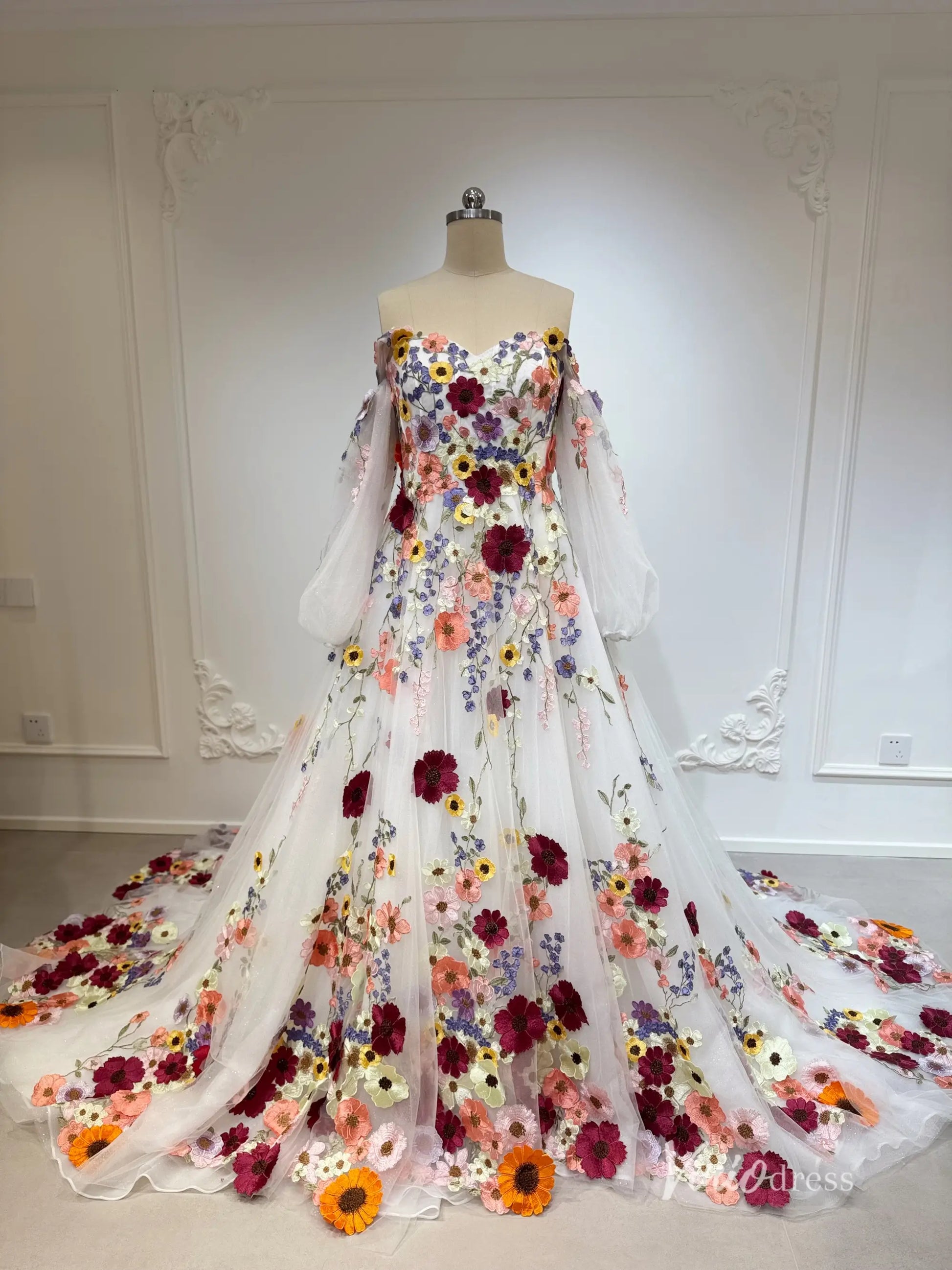 Off-the-Shoulder Colorful Wedding Dress | Sweetheart Neck A-Line Gown with Removable Bishop Sleeves FW237-wedding dresses 2025 -Viniodress-Ivory-Custom Size-