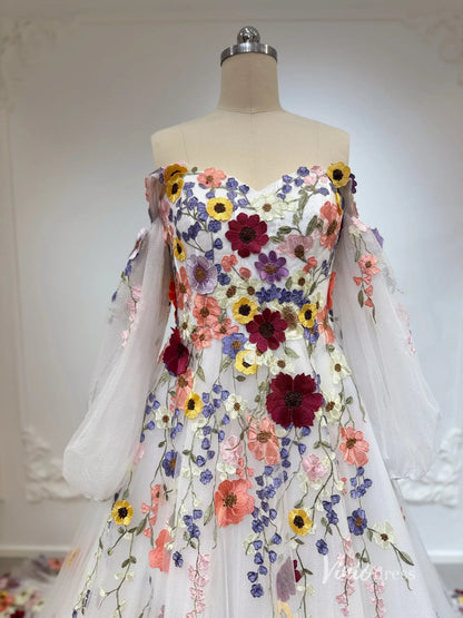 Off-the-Shoulder Colorful Wedding Dress | Sweetheart Neck A-Line Gown with Removable Bishop Sleeves FW237-wedding dresses 2025 -Viniodress-Ivory-Custom Size-