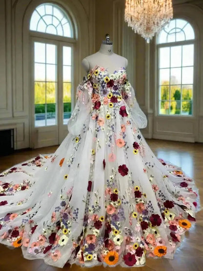 Off-the-Shoulder Colorful Wedding Dress | Sweetheart Neck A-Line Gown with Removable Bishop Sleeves FW237-wedding dresses 2025 -Viniodress-Ivory-Custom Size-