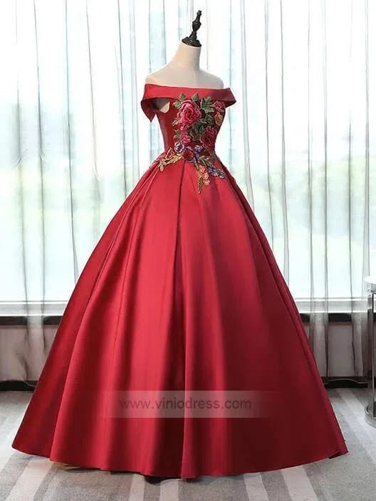 Prom Dress 2025 Off the Shoulder Cute Quinceanera Dresses Floral Ball Gowns FD1023-unique prom dresses-Rose Red-Custom Size-Viniodress