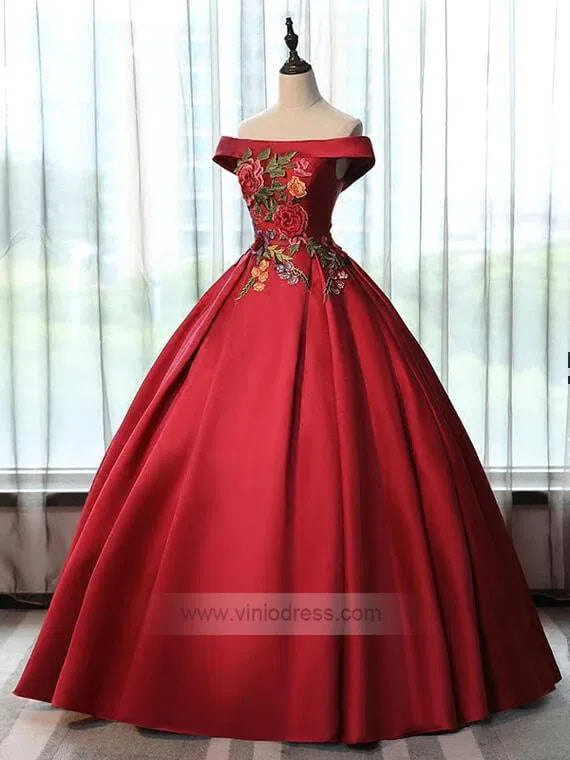 Prom Dress 2025 Off the Shoulder Cute Quinceanera Dresses Floral Ball Gowns FD1023-unique prom dresses-Rose Red-Custom Size-Viniodress