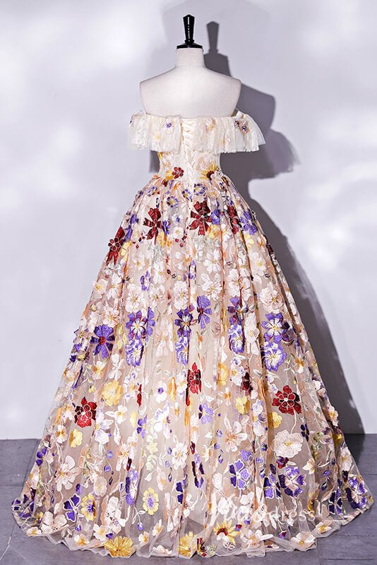 Off the Shoulder Floral Ball Gown Prom Dresses Corset Back FD1913-Quinceanera Dresses 2025 -Viniodress-Champagne-Custom Size-